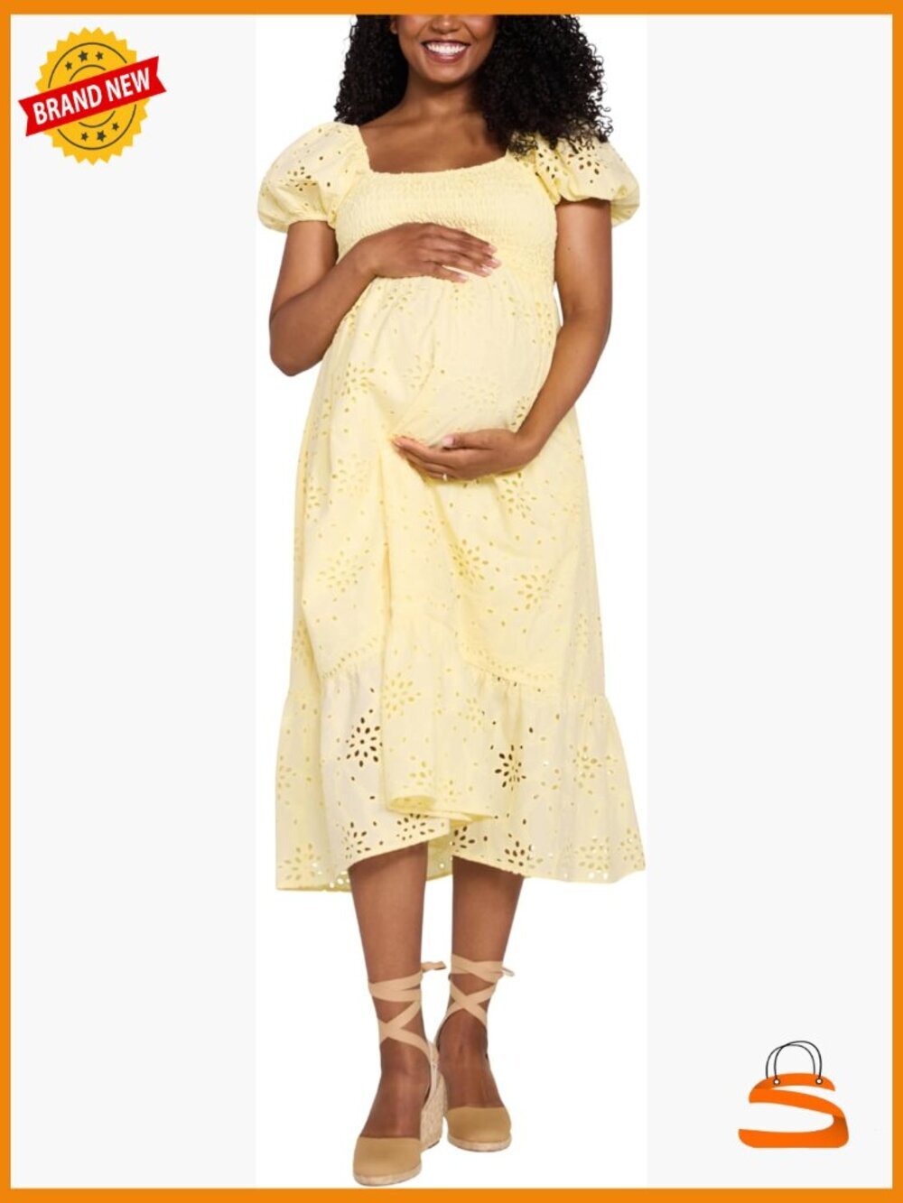 Puff Sleeve Smocked Midi Pregnancy Dress - Square Neck Maternity
